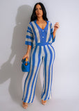 Women's Sexy V-neck Hollow Striped Lapel Knitted Pants Sets