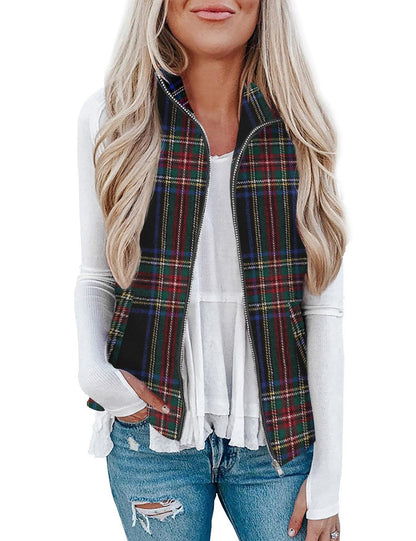 Women’s Christmas Fall/Winter Plaid Check Sleeveless Zipper Vest