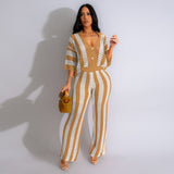 Women's Sexy V-neck Hollow Striped Lapel Knitted Pants Sets