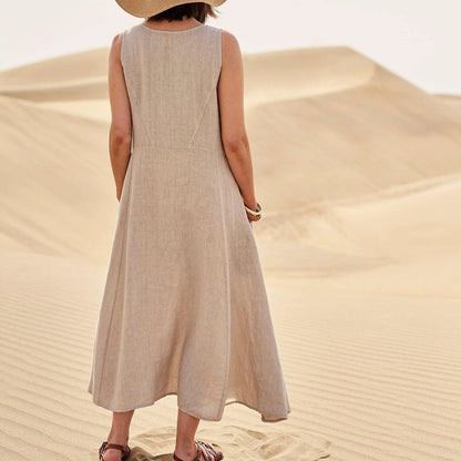 Women's Sleeveless Round Neck Cotton And Linen Dresses