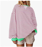 Women's Striped Oversized Color Block Long Sleeve Sweatshirt