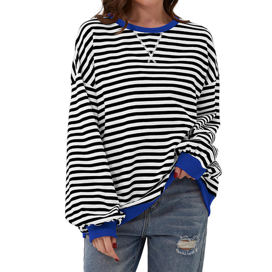 Women's Striped Oversized Color Block Loose Pullover Tops Sweatshirts