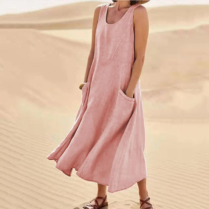 Women's Sleeveless Round Neck Cotton And Linen Dresses