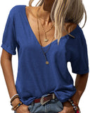 Women Fashion Deep V-Neck Short Sleeve Tops Solid Casual Loose Basic T Shirt