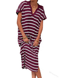 Womens Striped Summer Dresses Short Sleeve V Neck Knit Collared Sexy Slit Loose Maxi Sweater Dress