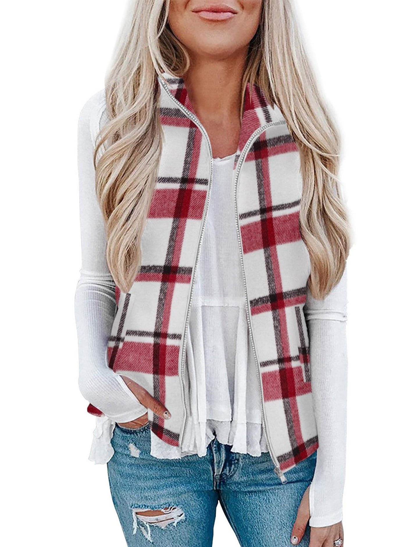 Women’s Christmas Fall/Winter Plaid Check Sleeveless Zipper Vest