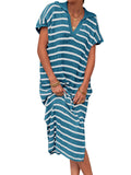 Womens Striped Summer Dresses Short Sleeve V Neck Knit Collared Sexy Slit Loose Maxi Sweater Dress