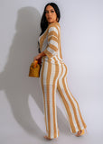 Women's Sexy V-neck Hollow Striped Lapel Knitted Pants Sets