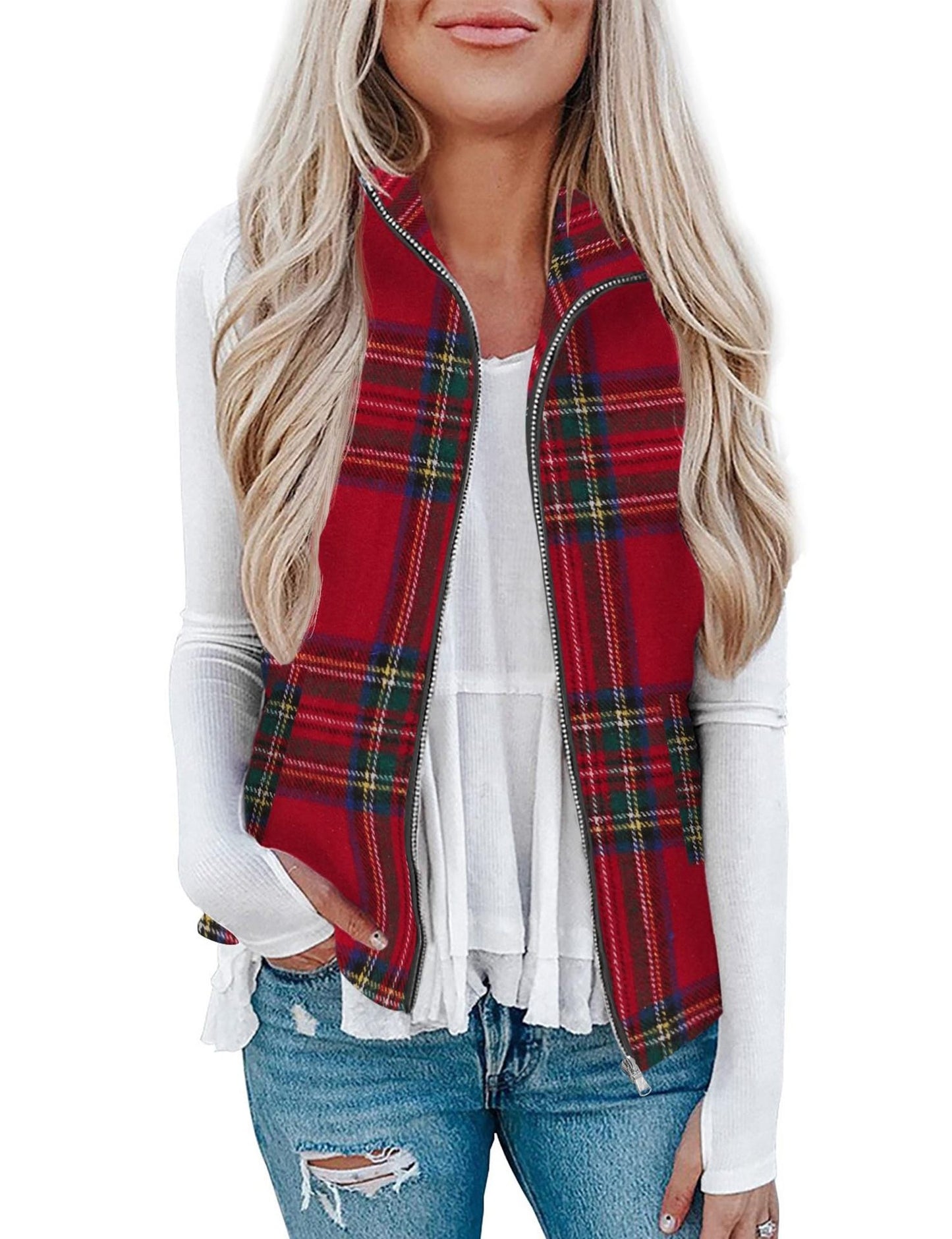 Women’s Christmas Fall/Winter Plaid Check Sleeveless Zipper Vest