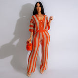 Women's Sexy V-neck Hollow Striped Lapel Knitted Pants Sets