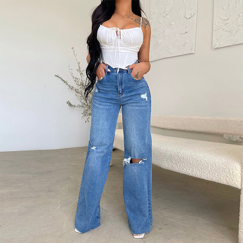 Women's Ripped Casual High Waisted Wide Leg Distressed Jeans