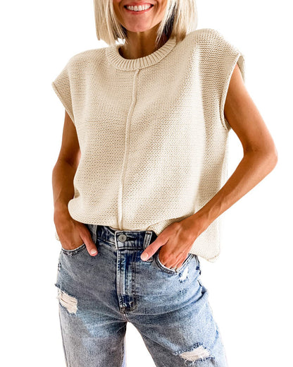 Womens Summer Cap Sleeve Tops Casual Crew Neck Loose Fit Knit Lightweight Sweaters