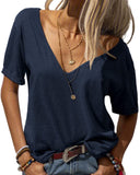 Women Fashion Deep V-Neck Short Sleeve Tops Solid Casual Loose Basic T Shirt