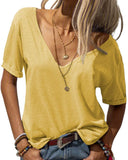 Women Fashion Deep V-Neck Short Sleeve Tops Solid Casual Loose Basic T Shirt