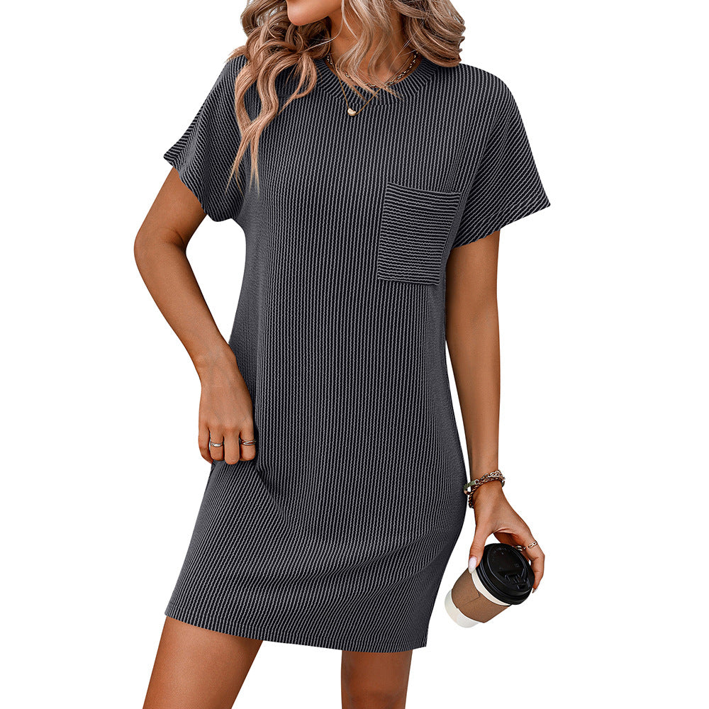 Women's Summer Casual Contrast Color Twist Striped Short Sleeve Pocket Dresses