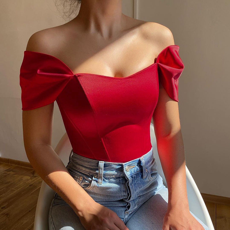 Women's Summer Fishbone Waist Tube Top Satin Off Shoulder Tops