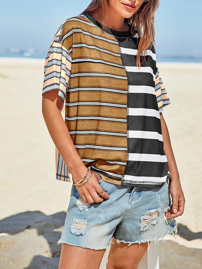 Womens Summer Striped Shirts Casual Color Block Short Sleeve Tops Loose Fit Crew Neck Tees