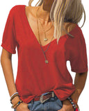 Women Fashion Deep V-Neck Short Sleeve Tops Solid Casual Loose Basic T Shirt