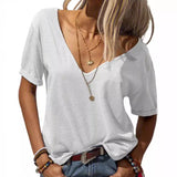 Women Fashion Deep V-Neck Short Sleeve Tops Solid Casual Loose Basic T Shirt