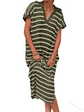 Womens Striped Summer Dresses Short Sleeve V Neck Knit Collared Sexy Slit Loose Maxi Sweater Dress