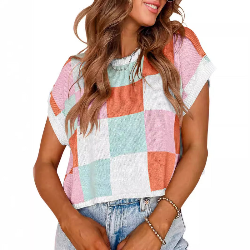 Women's Round Neck Knitted Checkerboard Sweater Short Sleeves