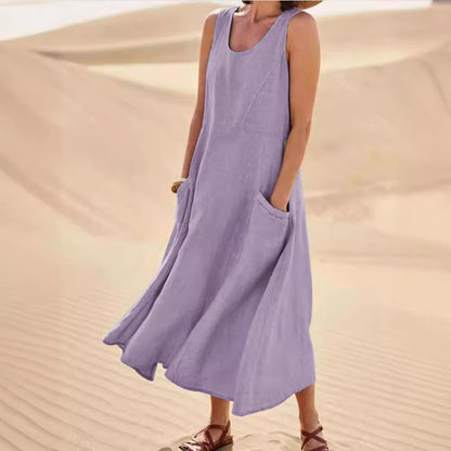 Women's Sleeveless Round Neck Cotton And Linen Dresses