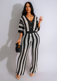 Women's Sexy V-neck Hollow Striped Lapel Knitted Pants Sets