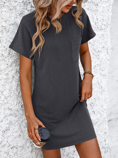 Women's Summer Casual Contrast Color Twist Striped Short Sleeve Pocket Dresses