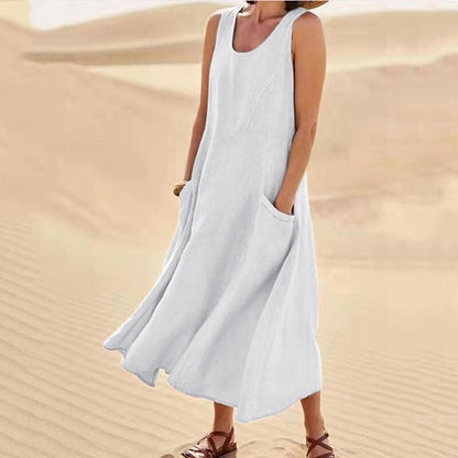 Women's Sleeveless Round Neck Cotton And Linen Dresses