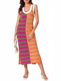 Womens Summer Striped Dress Sleeveless Knitted Contrast Color Side Slit Casual Maxi Beach Dress