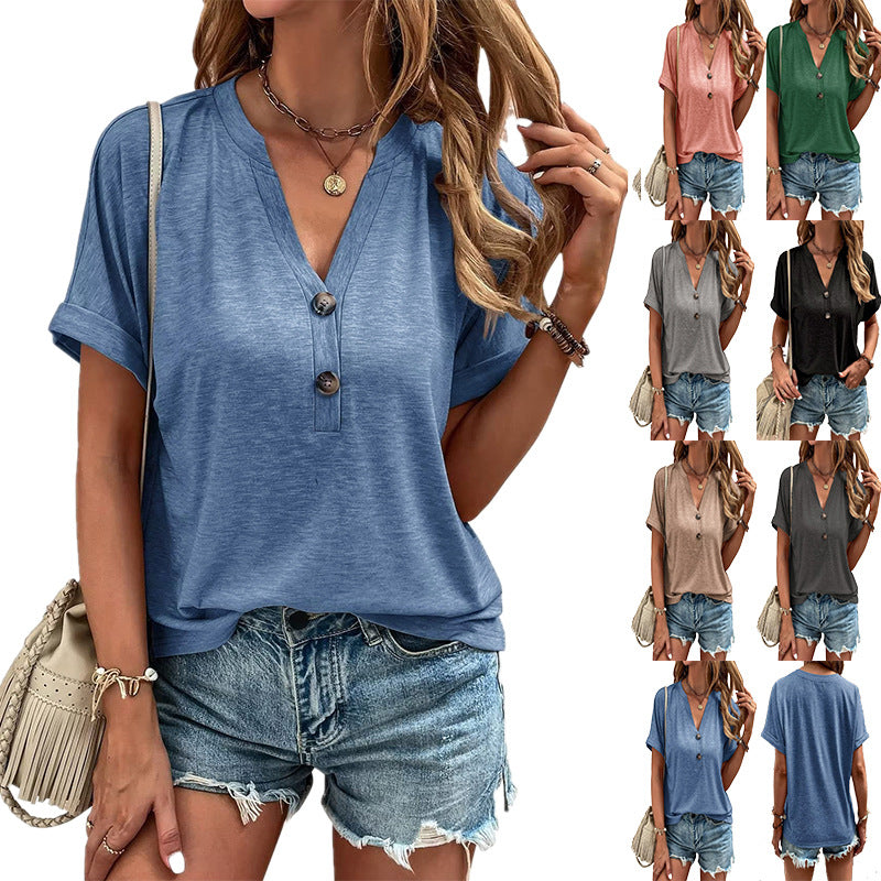 Women's Tops Solid Color Buttons Fashionable Short Sleeves