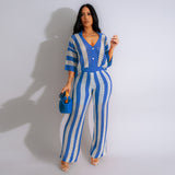 Women's Sexy V-neck Hollow Striped Lapel Knitted Pants Sets