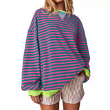 Women's Striped Oversized Color Block Long Sleeve Sweatshirt