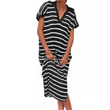 Womens Striped Summer Dresses Short Sleeve V Neck Knit Collared Sexy Slit Loose Maxi Sweater Dress