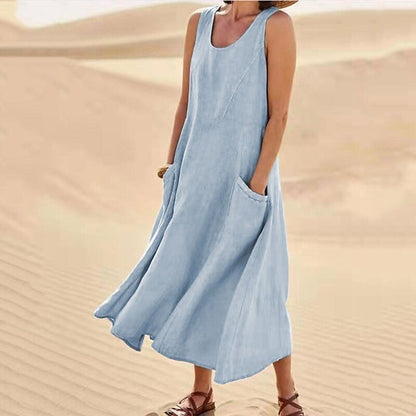 Women's Sleeveless Round Neck Cotton And Linen Dresses