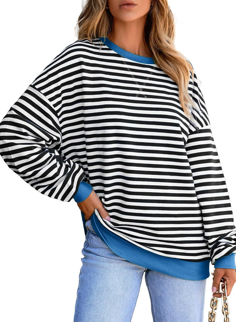 Women's Colorful Striped Crew Neck Loose Sweatshirts
