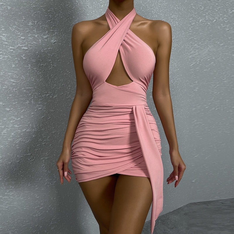 Women's Lanyard Hip Skirt Sexy Cross Collar Halter Neck Pleated Dresses