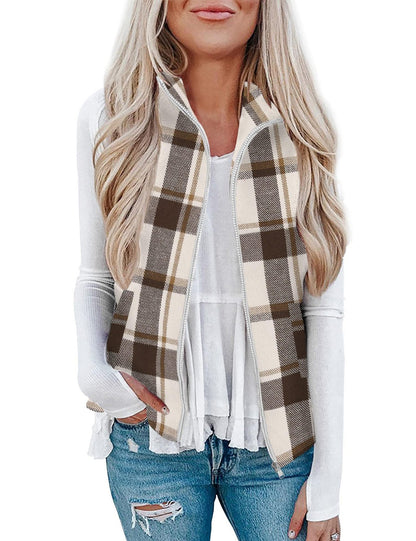 Women’s Christmas Fall/Winter Plaid Check Sleeveless Zipper Vest