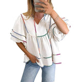 Womens Summer Babydoll Tops V Neck Short Lantern Sleeve Shirts Cute Loose Fit Peplum Flowy Blouses