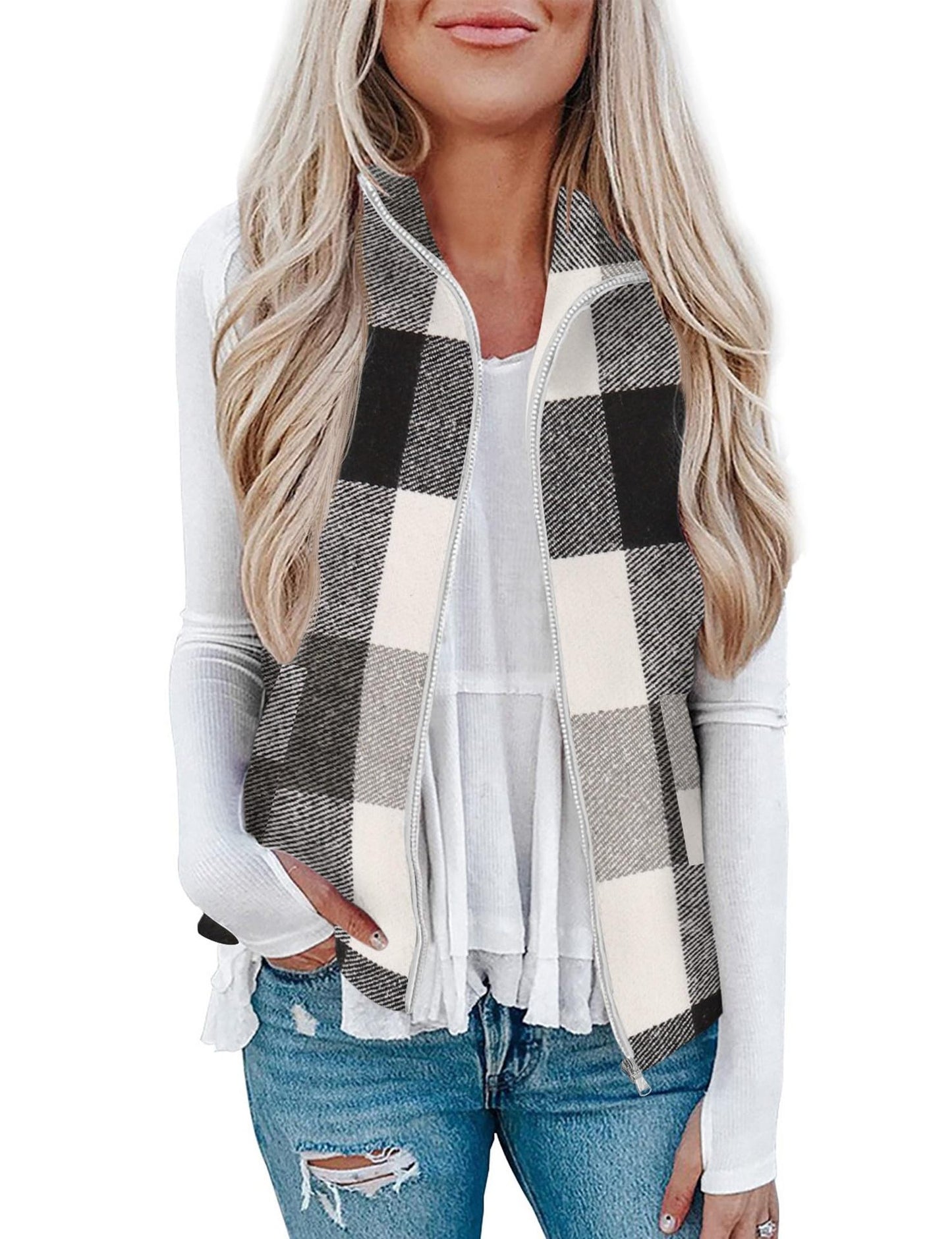 Women’s Christmas Fall/Winter Plaid Check Sleeveless Zipper Vest