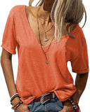 Women Fashion Deep V-Neck Short Sleeve Tops Solid Casual Loose Basic T Shirt