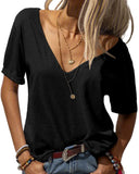 Women Fashion Deep V-Neck Short Sleeve Tops Solid Casual Loose Basic T Shirt