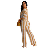 Women's Sexy V-neck Hollow Striped Lapel Knitted Pants Sets