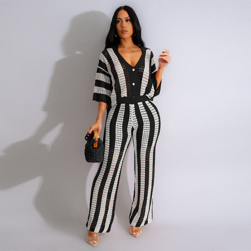 Women's Sexy V-neck Hollow Striped Lapel Knitted Pants Sets