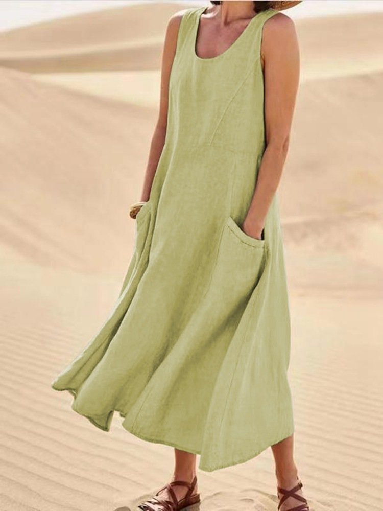 Women's Sleeveless Round Neck Cotton And Linen Dresses