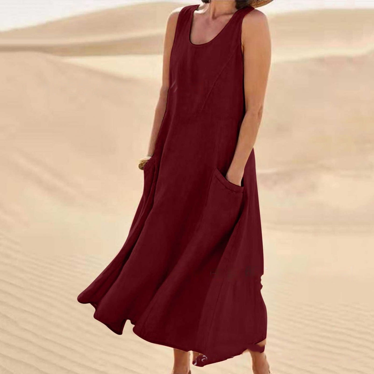 Women's Sleeveless Round Neck Cotton And Linen Dresses