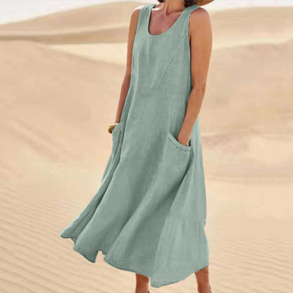 Women's Sleeveless Round Neck Cotton And Linen Dresses