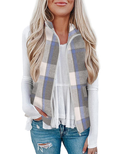 Women’s Christmas Fall/Winter Plaid Check Sleeveless Zipper Vest