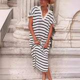 Womens Striped Summer Dresses Short Sleeve V Neck Knit Collared Sexy Slit Loose Maxi Sweater Dress