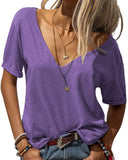 Women Fashion Deep V-Neck Short Sleeve Tops Solid Casual Loose Basic T Shirt